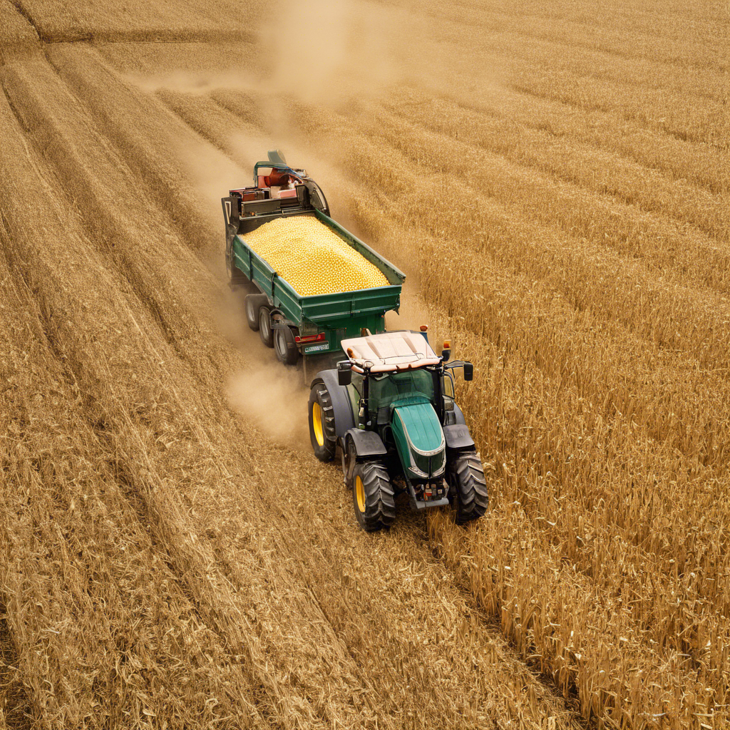 a harvester harvesting a field unloading the maize in a truck with a trailer