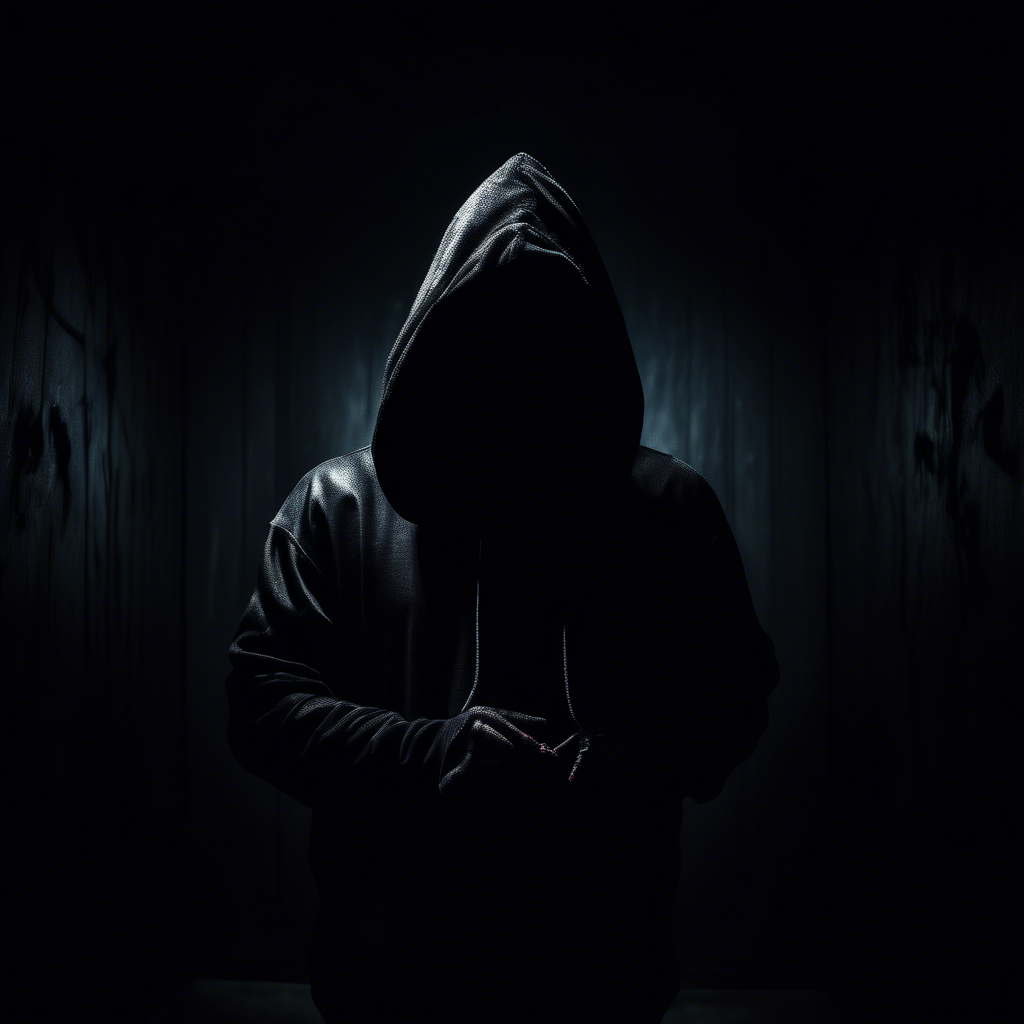 dark moody room with a siluette wearing a black hoodie, stearing with horrifying eyes