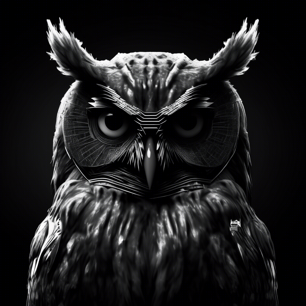 cyber spy owl in black and white moody dark atmosphere