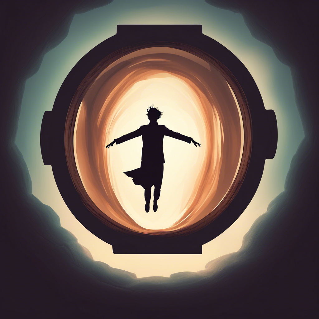 siluette levitating in air with a portal below