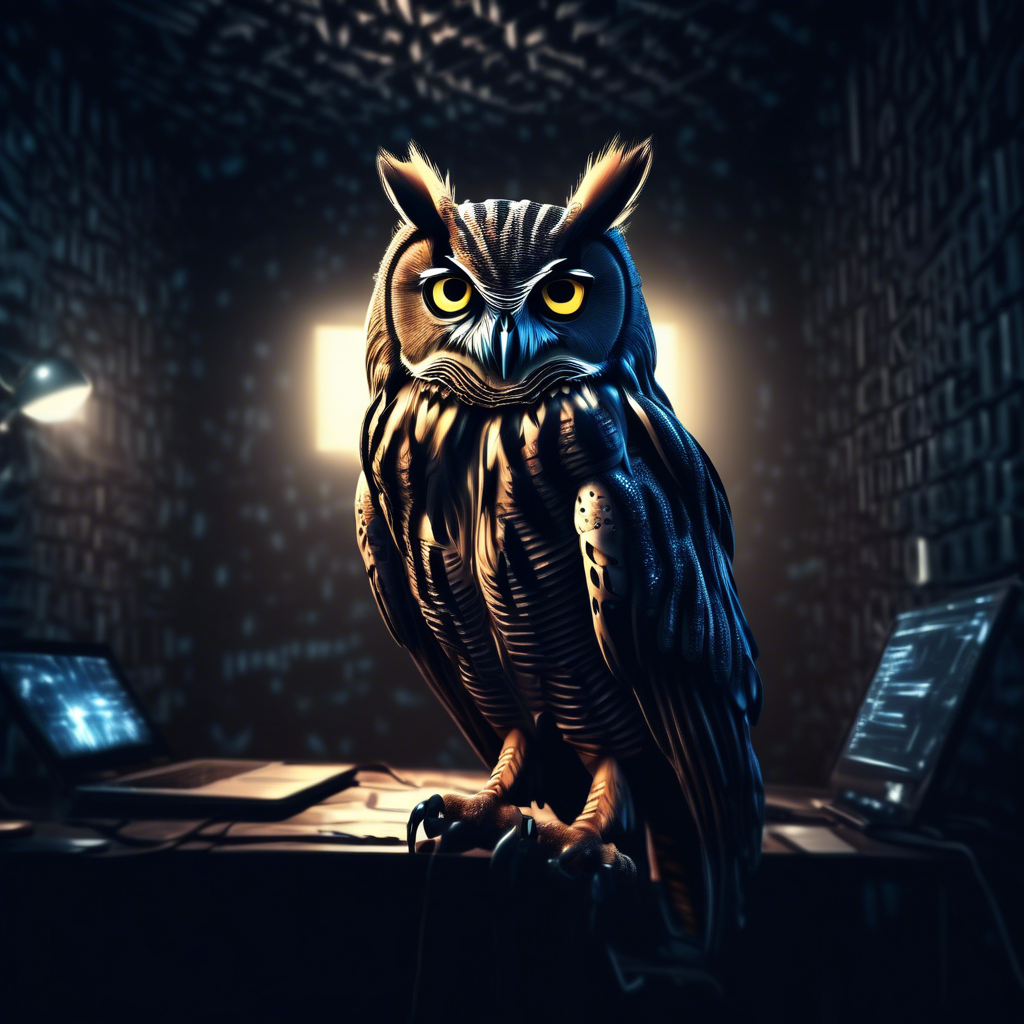 cyber night owl in a dark moody room. surveillance, spy, illuminati