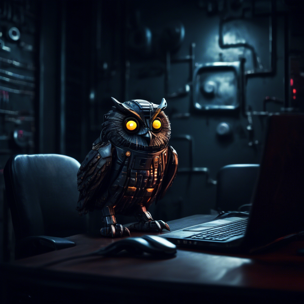 cyber owl in a dark moody room spying everyone