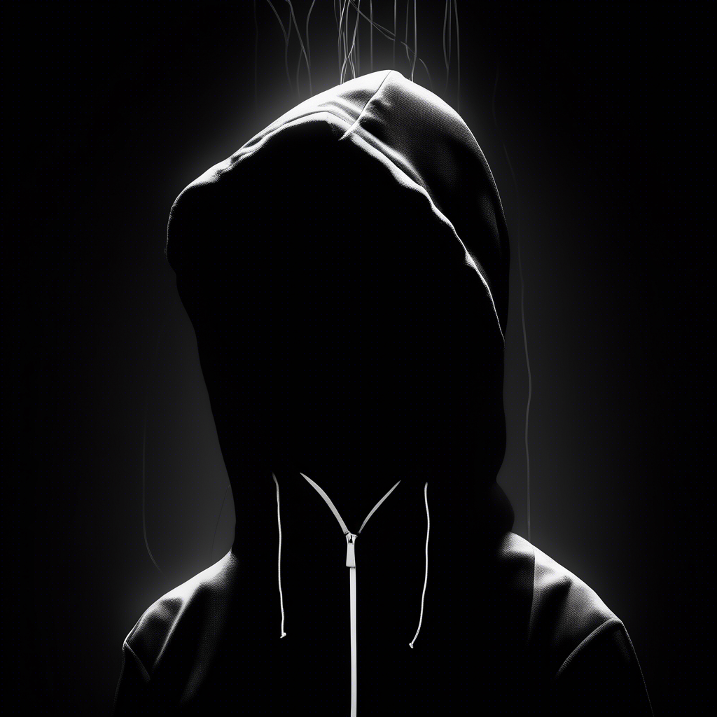 dark moody room with a portrait siluette wearing a black hoodie with white strings, looking up close