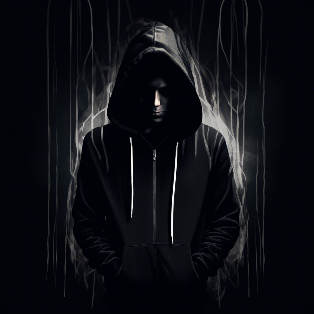 dark moody room with a portrait siluette wearing a black hoodie with white strings
