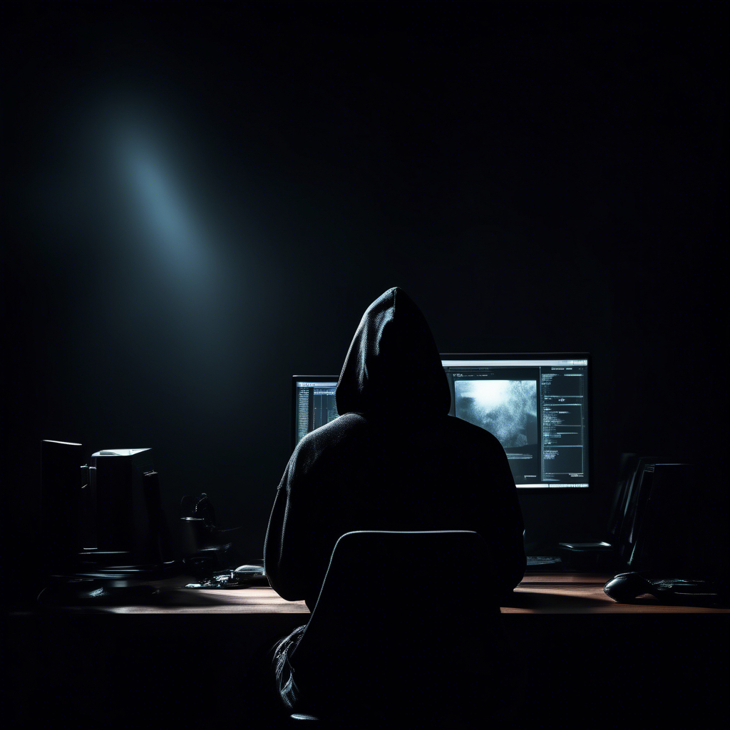 dark moody room with a siluette with a black hoodie, stearing at a computer screen