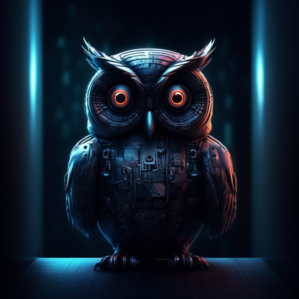 cyber owl in a dark moody room spying everyone