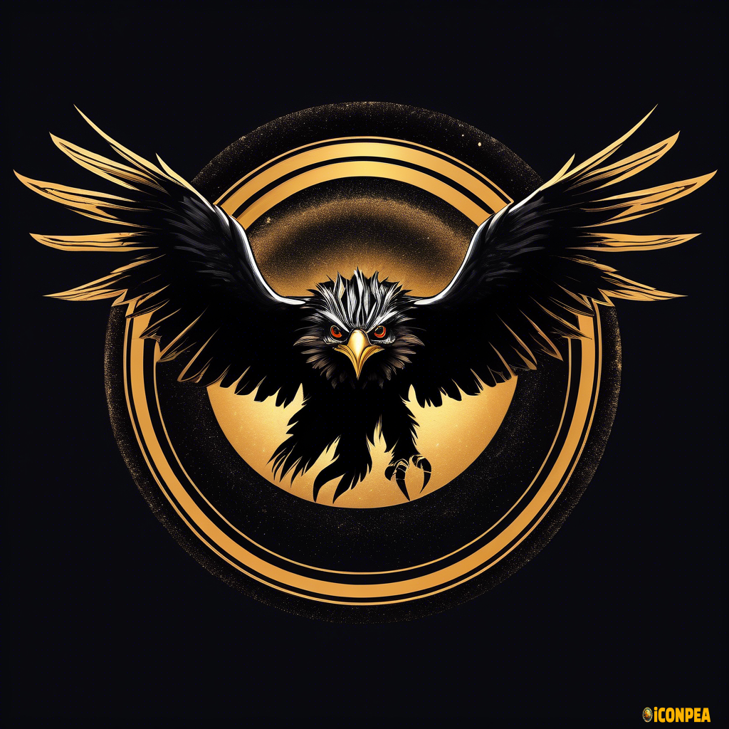 A logo for a tribe, fearsome hawk gliding above a supermassive black hole, metallic (noble, grand, sacred)