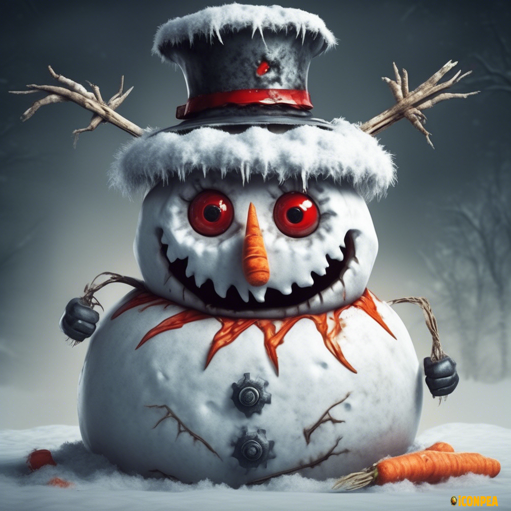 the head of an evil snowman with red eyes, who has a big gear instead of a hat and a bitten carrot instead of a nose