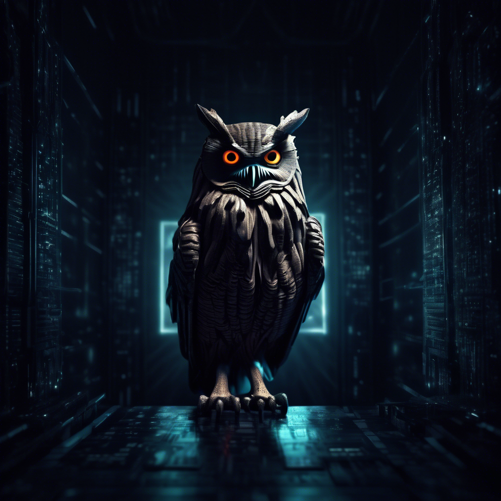 cyber night owl in a dark moody room illuminati behind