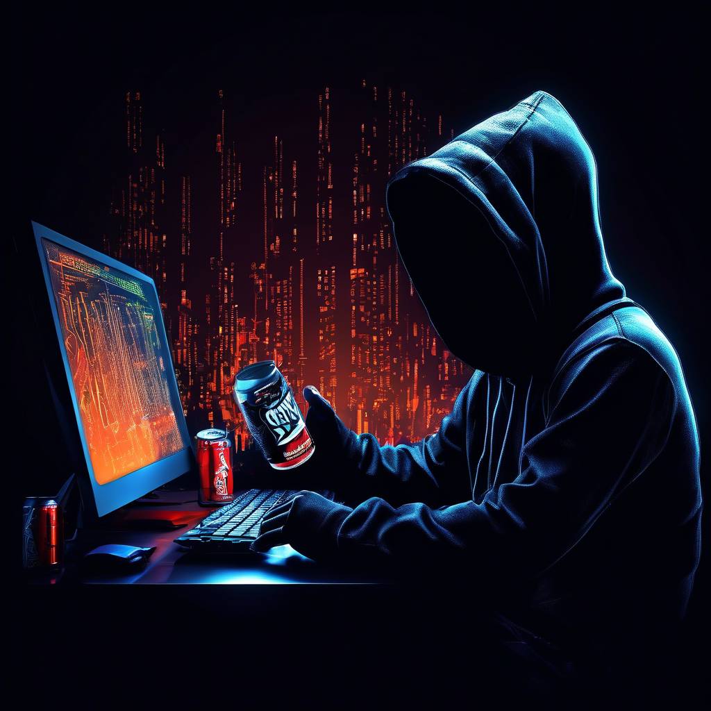 siluette with a black hoodie, stearing at a computer screen with code and energy drinks on the table