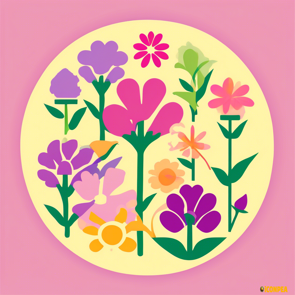 A colorful icon for a garden club small group called Blooming Beauties, using pink, purples and green colors in a yellow circle background.