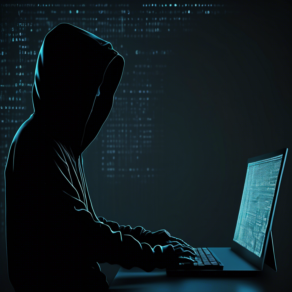 siluette with a black hoodie, stearing at a computer screen with code on the screen