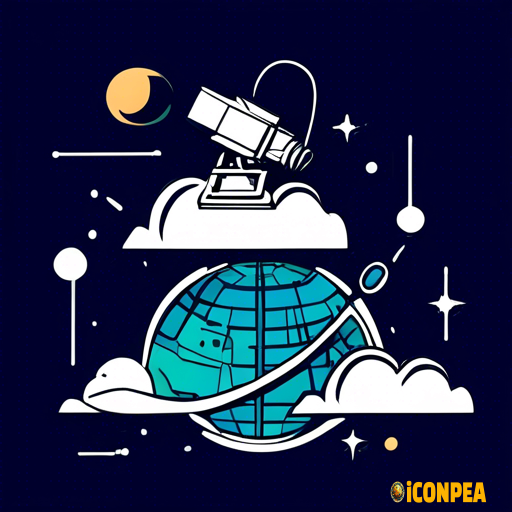 simple line drawn blocky icon, server in cloud sending wireless signals to satellite in space