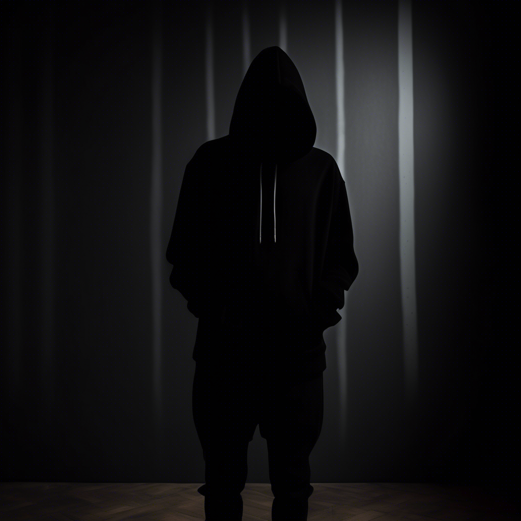 dark moody room with a siluette wearing a black hoodie with white stripes