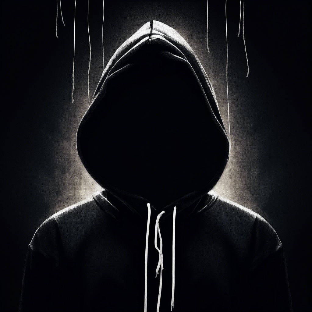 dark moody room with a portrait siluette wearing a black hoodie with white strings, looking up close