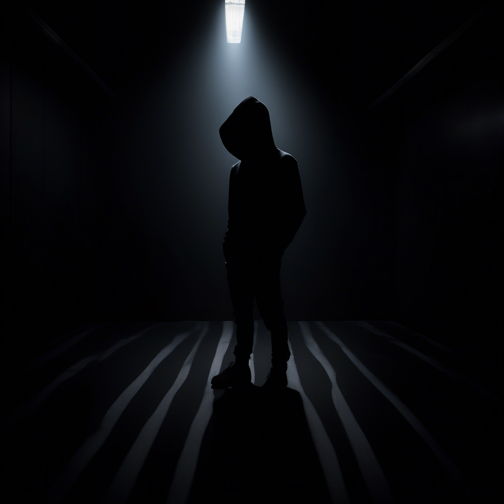 dark moody room with a siluette wearing a black hoodie with white stripes