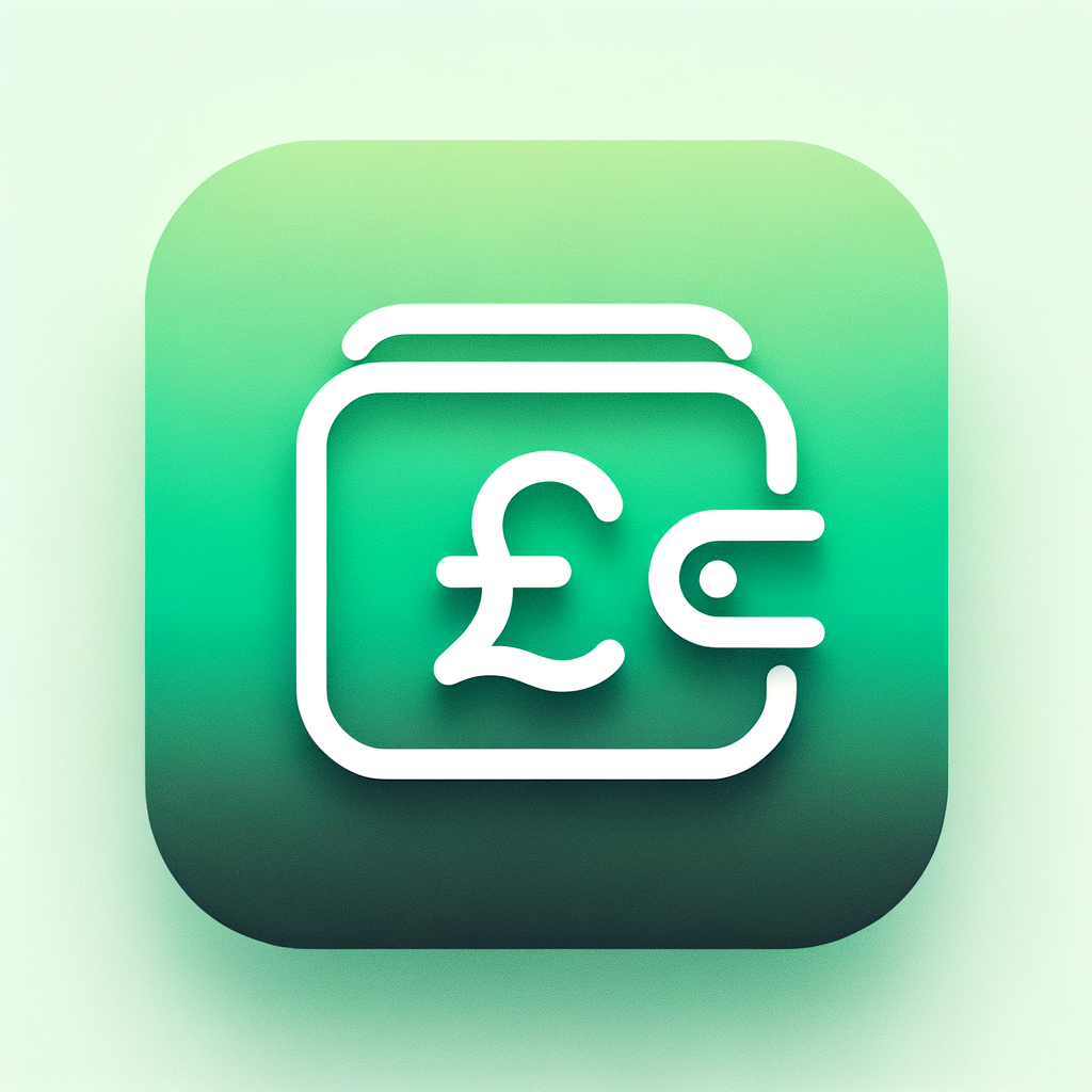 modern finance app icon, minimal design, green gradient background, simple white line icon of a wallet with a pound symbol (£), soft shadows, clean and professional, rounded square app icon, subtle depth, iOS style, high resolution, no text, centered composition