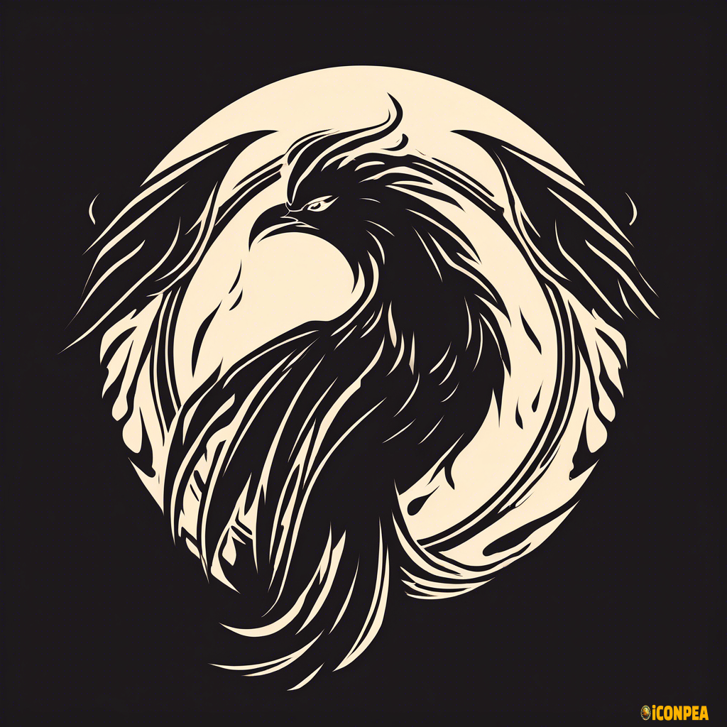create a bold simple monochrome silhouette icon showing a phoenix fire bird rising from the ashes/fire in a circle, where the wings form part of the circle