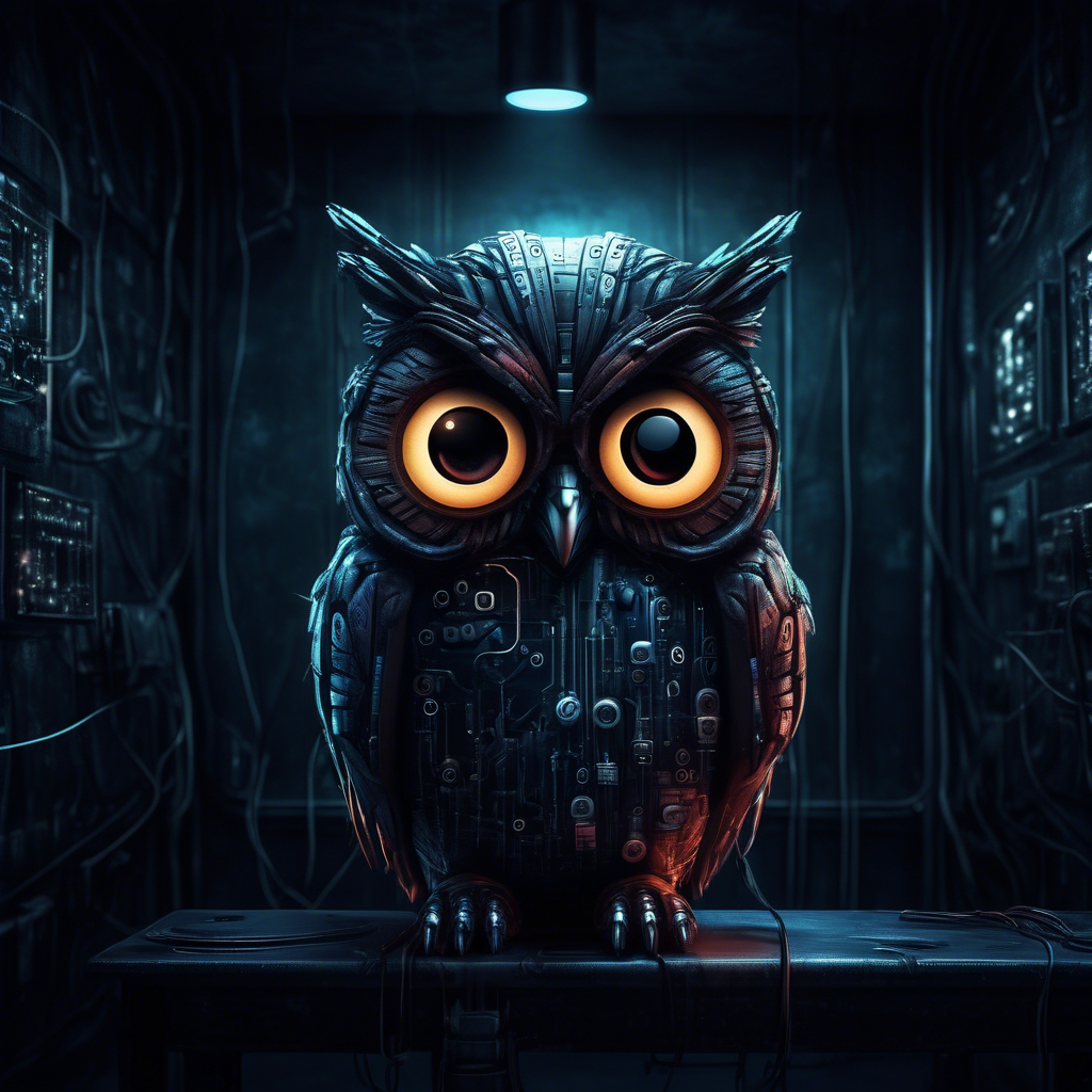 cyber owl in a dark moody room spying everyone