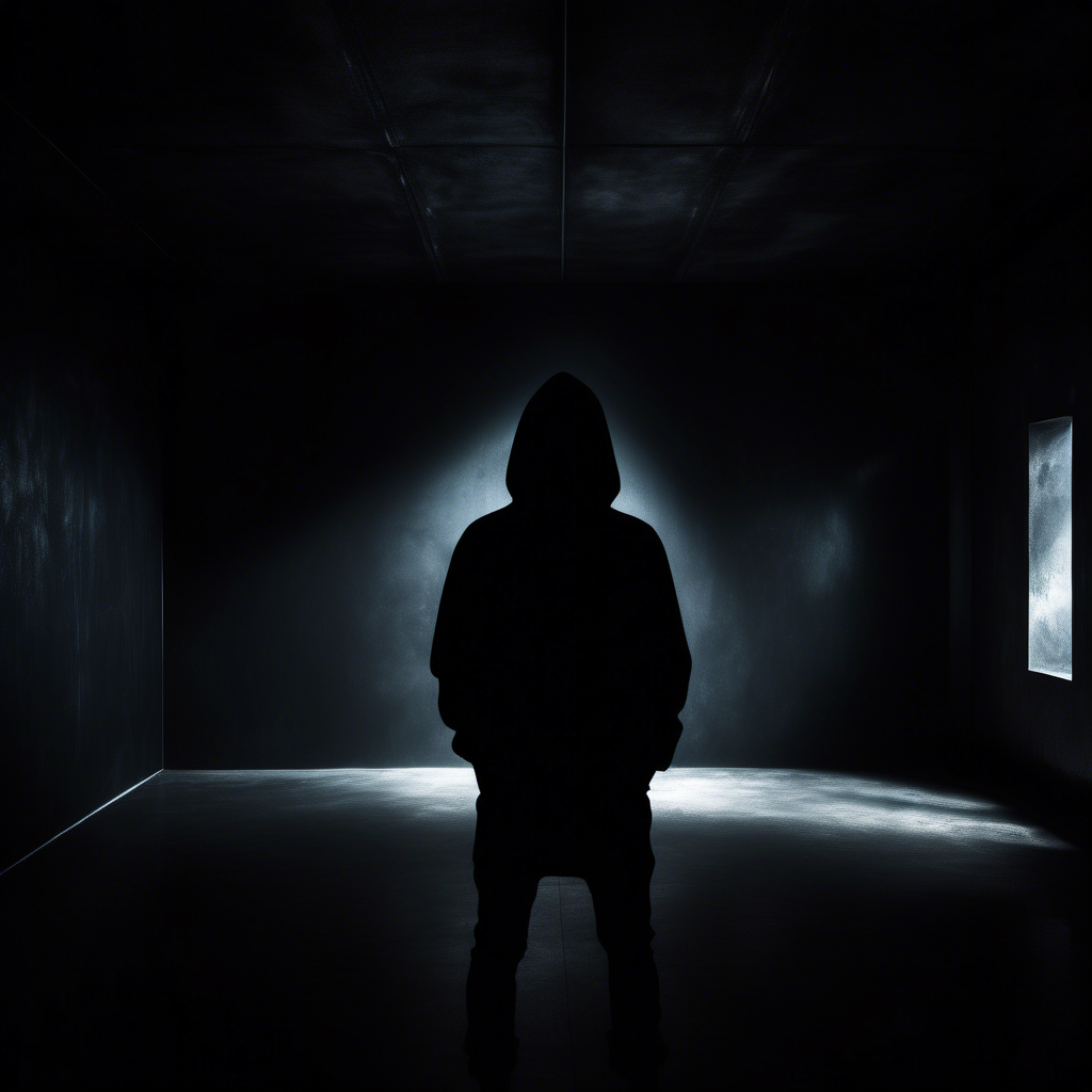 dark moody room with a siluette wearing a black hoodie, stearing at the viewer