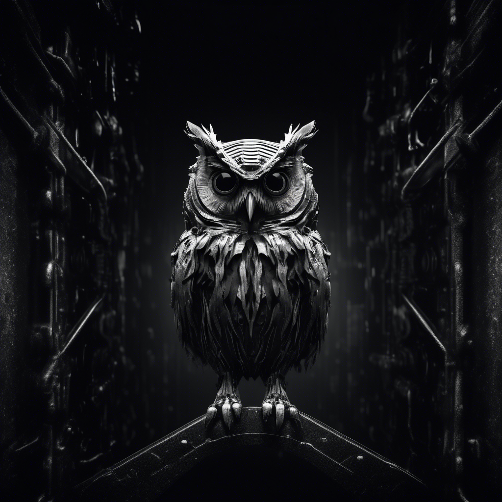 cyber spy owl in black and white moody dark atmosphere