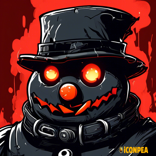 the head of an evil black snowman with red eyes, who has a big gear instead of a hat and a bitten carrot instead of a nose