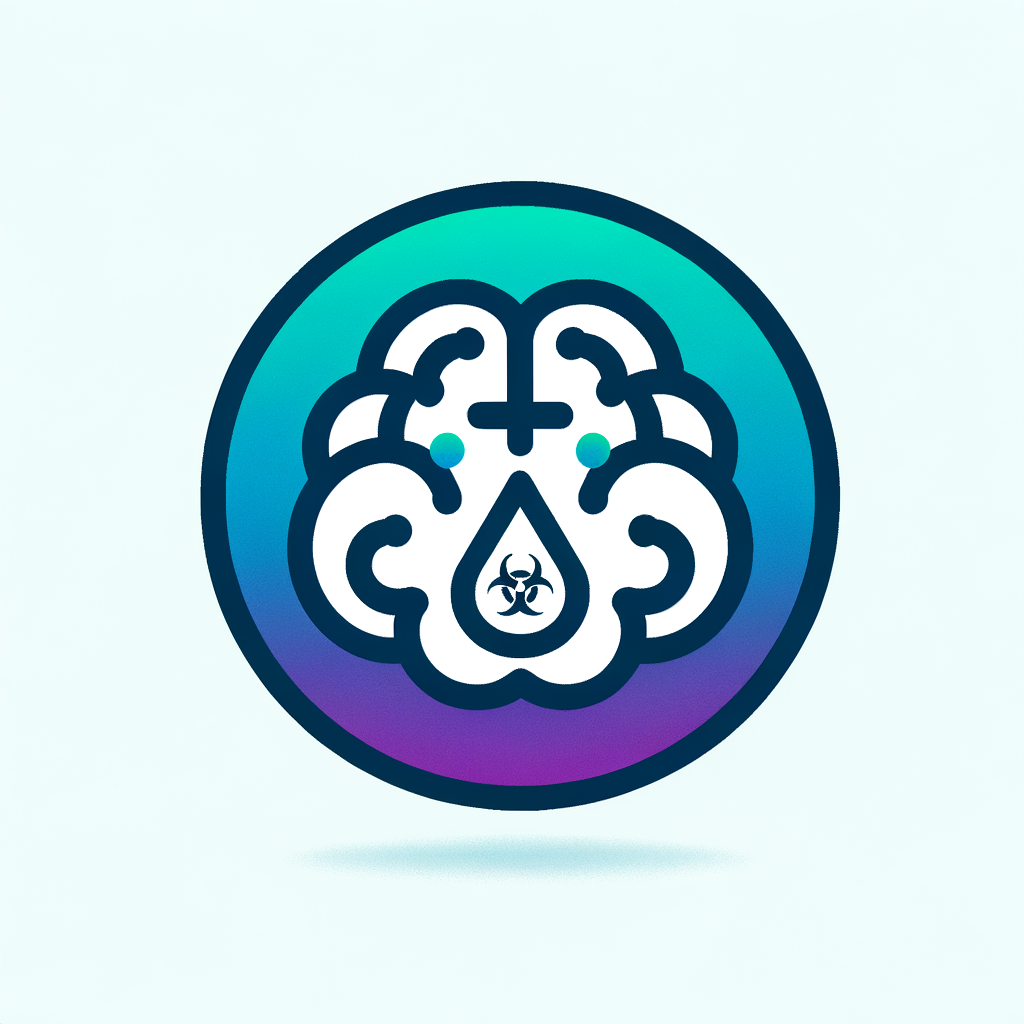 A creative icon featuring a human brain with a small toxic drop or hazard symbol integrated, symbolizing clinical thinking and toxicology. Use soft gradients (blue, purple, green), modern flat design, minimal, centered, no text.