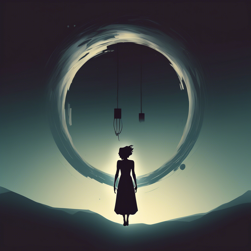 siluette levitating in air with a portal below