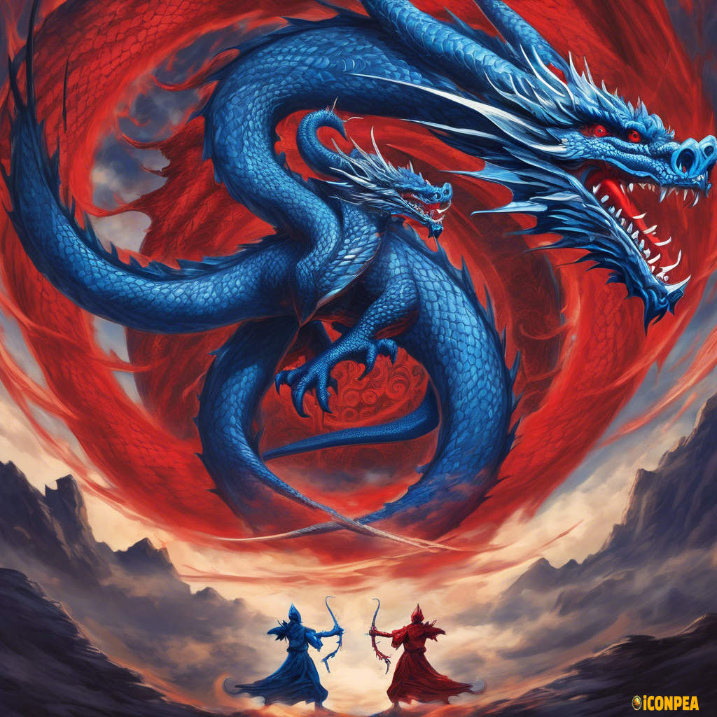 Two dragons of blue and red circling over the title Duviri