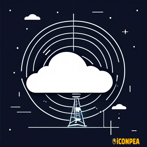 flat simple icon, server on the ground near cloud beam signals to satellite in space