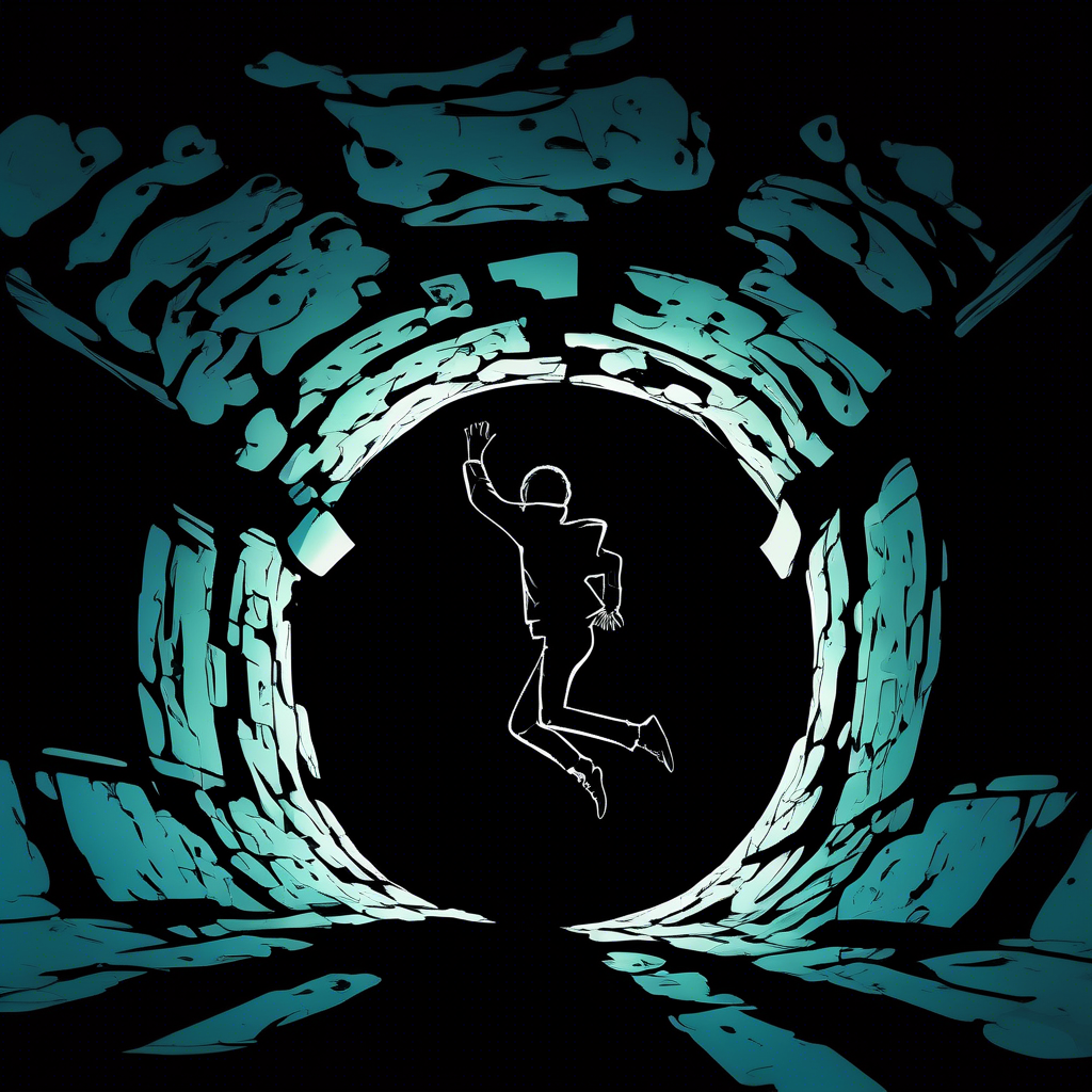 siluette jumping in a portal below ground