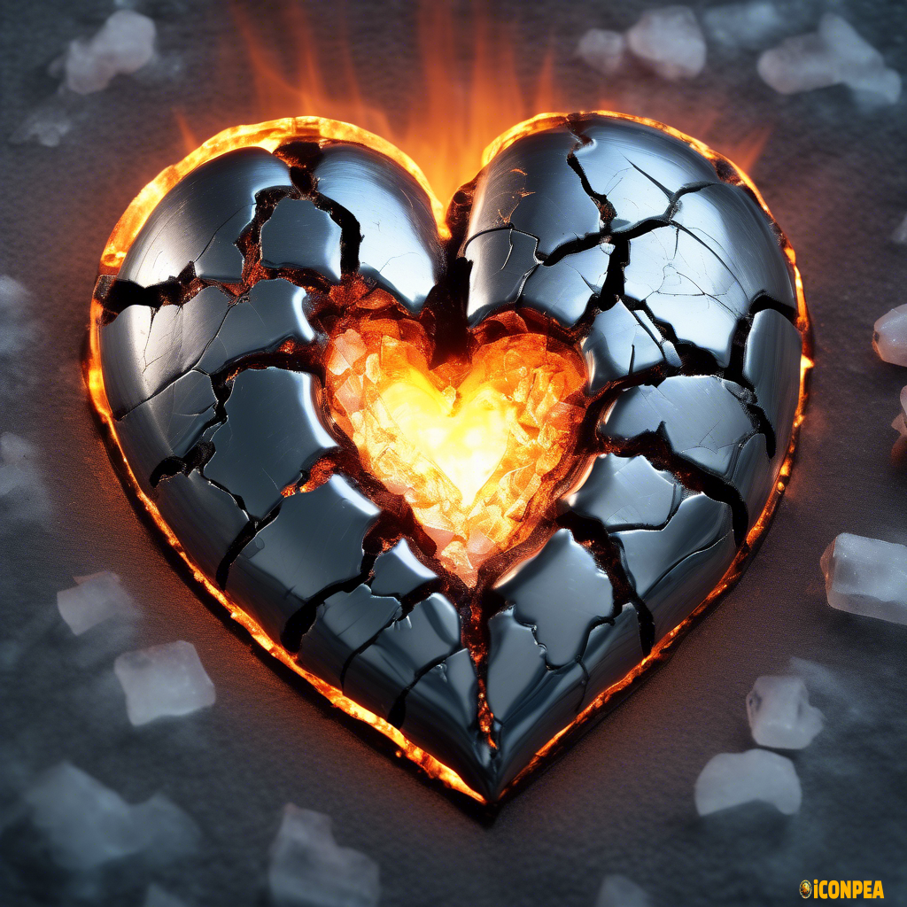 glowing steel heart broken cracked fire ice melting