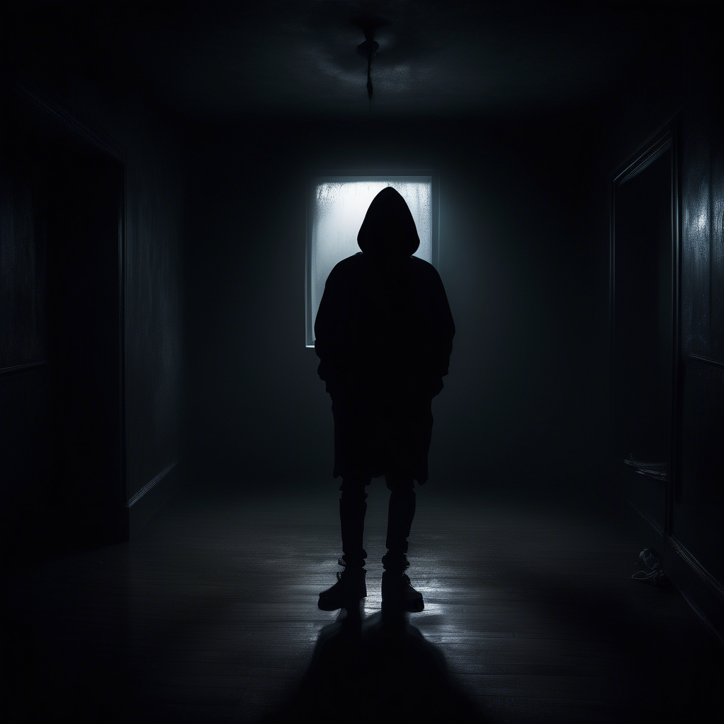 dark moody room with a siluette wearing a black hoodie, stearing with horrifying eyes