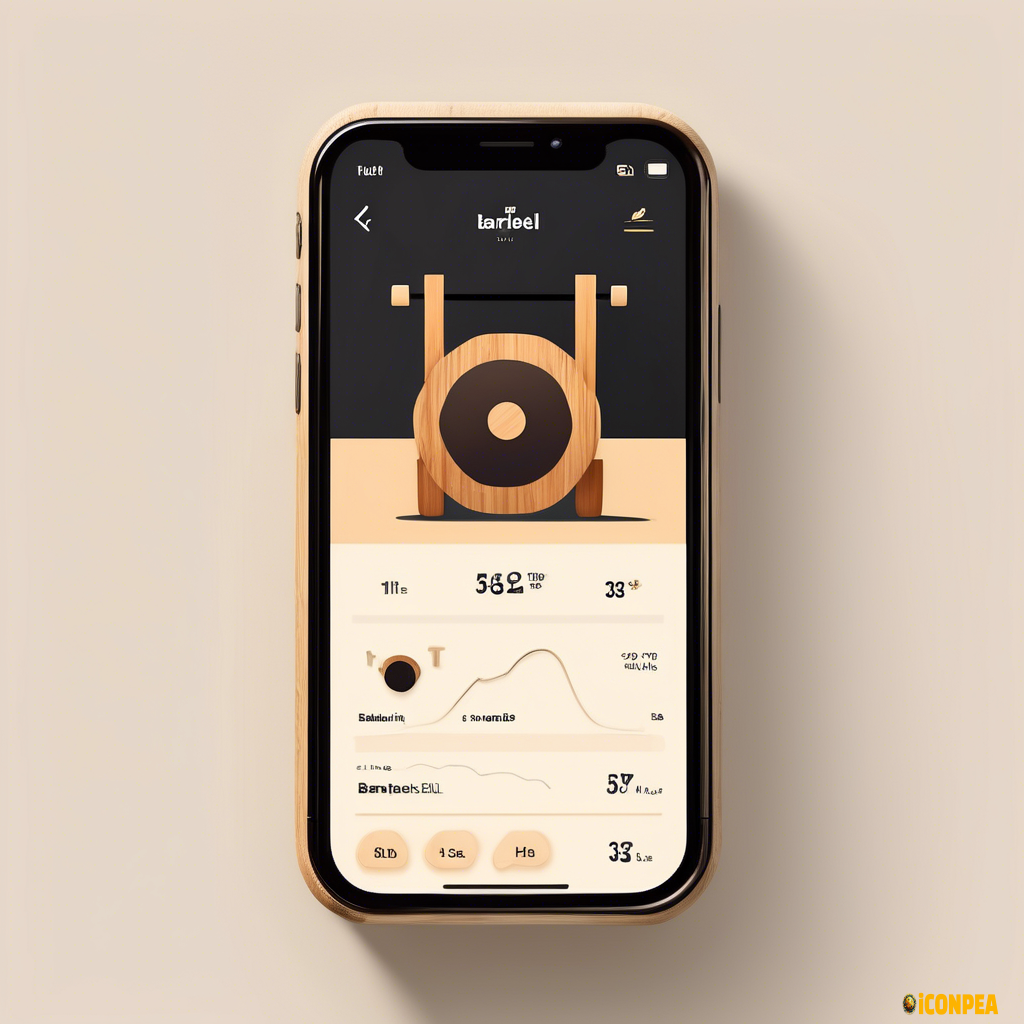 A sleek and user-friendly workout tracking app interface, prominently displaying a minimalist illustration of a wooden-handled barbell. The barbell is rendered in a clean, modern style, with the natural grain of the wood adding an organic touch to the digital scene. The barbell rests at the center of the screen, with the weight plates and bar appearing to be three-dimensional, as if they could be grasped.