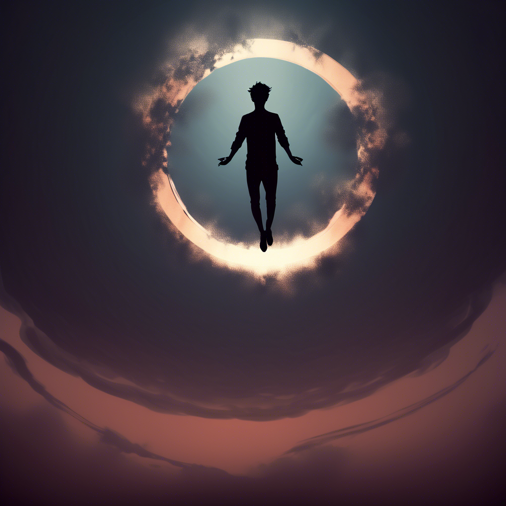 siluette levitating in air with a portal below