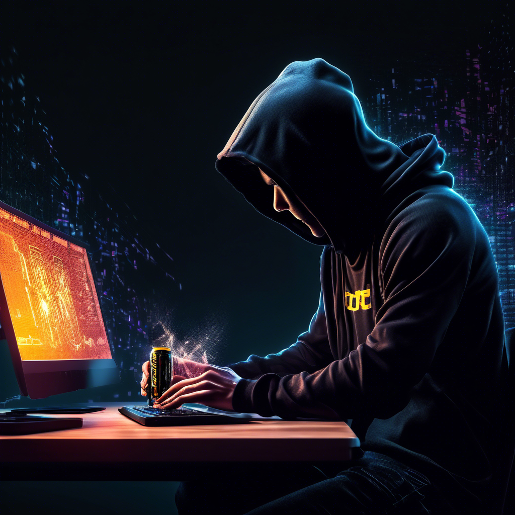 siluette with a black hoodie, stearing at a computer screen with code and energy drinks on the table
