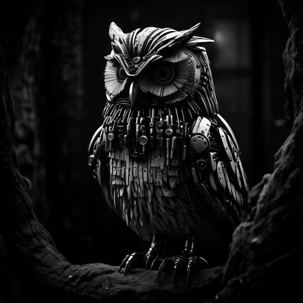 cyber spy owl in black and white moody dark atmosphere