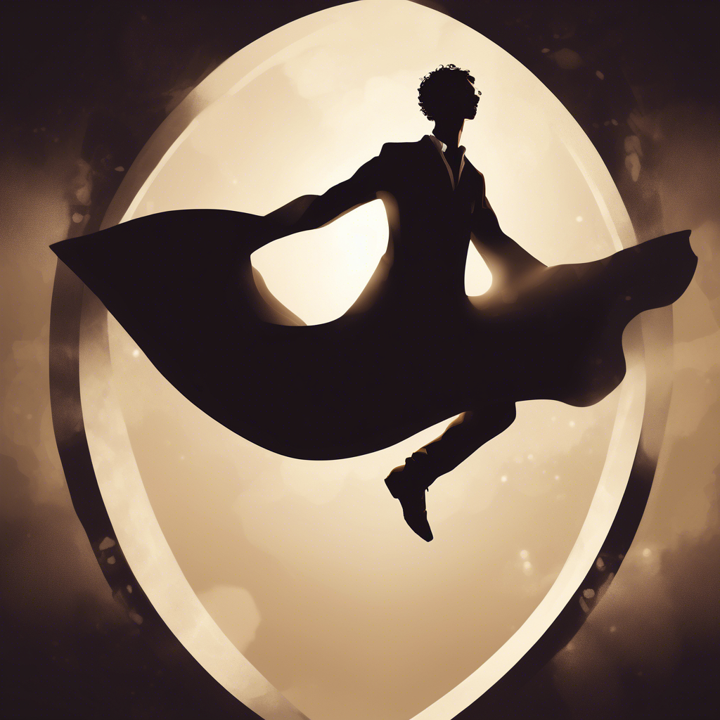 siluette levitating in air with a portal below