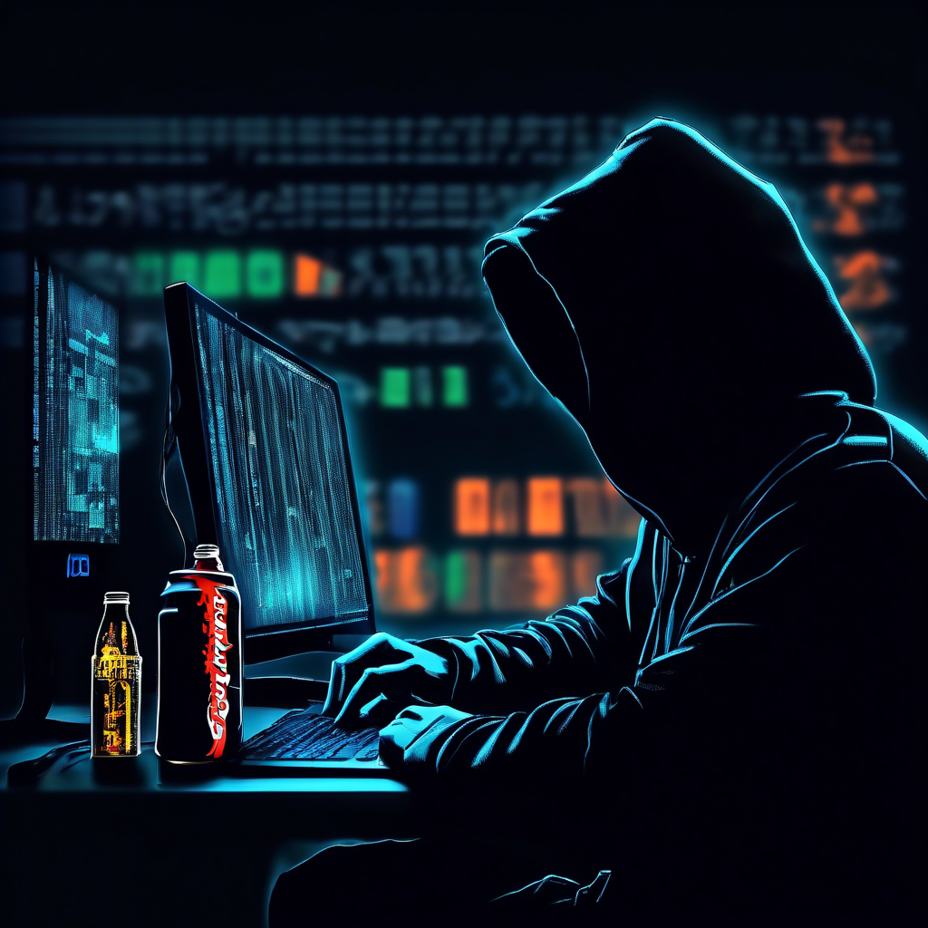 siluette with a black hoodie, stearing at a computer screen with code and energy drinks on the table