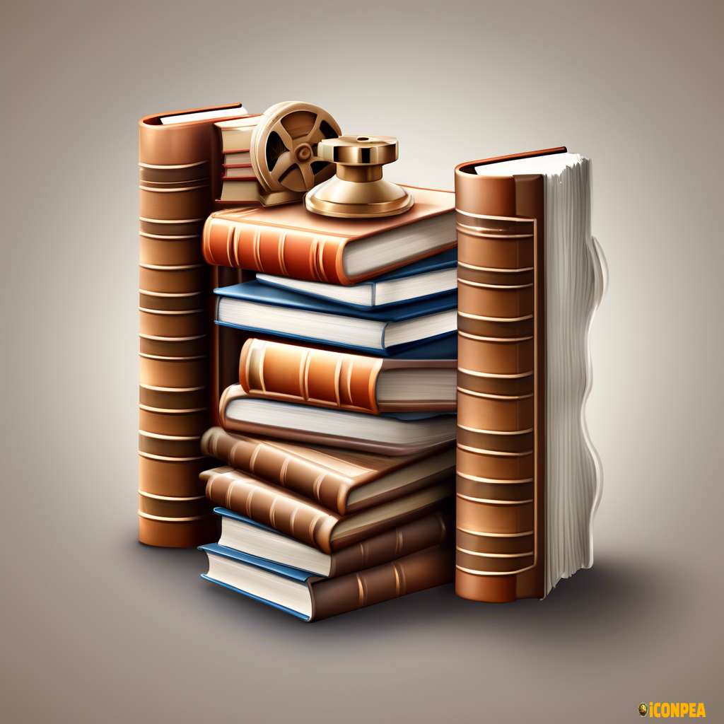 Create a hyper-realistic, 3D-style icon for 'Books and Media.' The icon should depict a stack of books, an open book, or a film reel, designed with lifelike textures and subtle lighting. Ensure the icon has a transparent background and no text or wording.