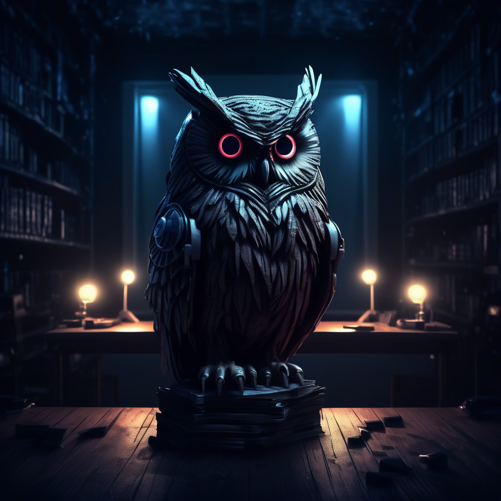 cyber night owl in a dark moody room illuminati behind