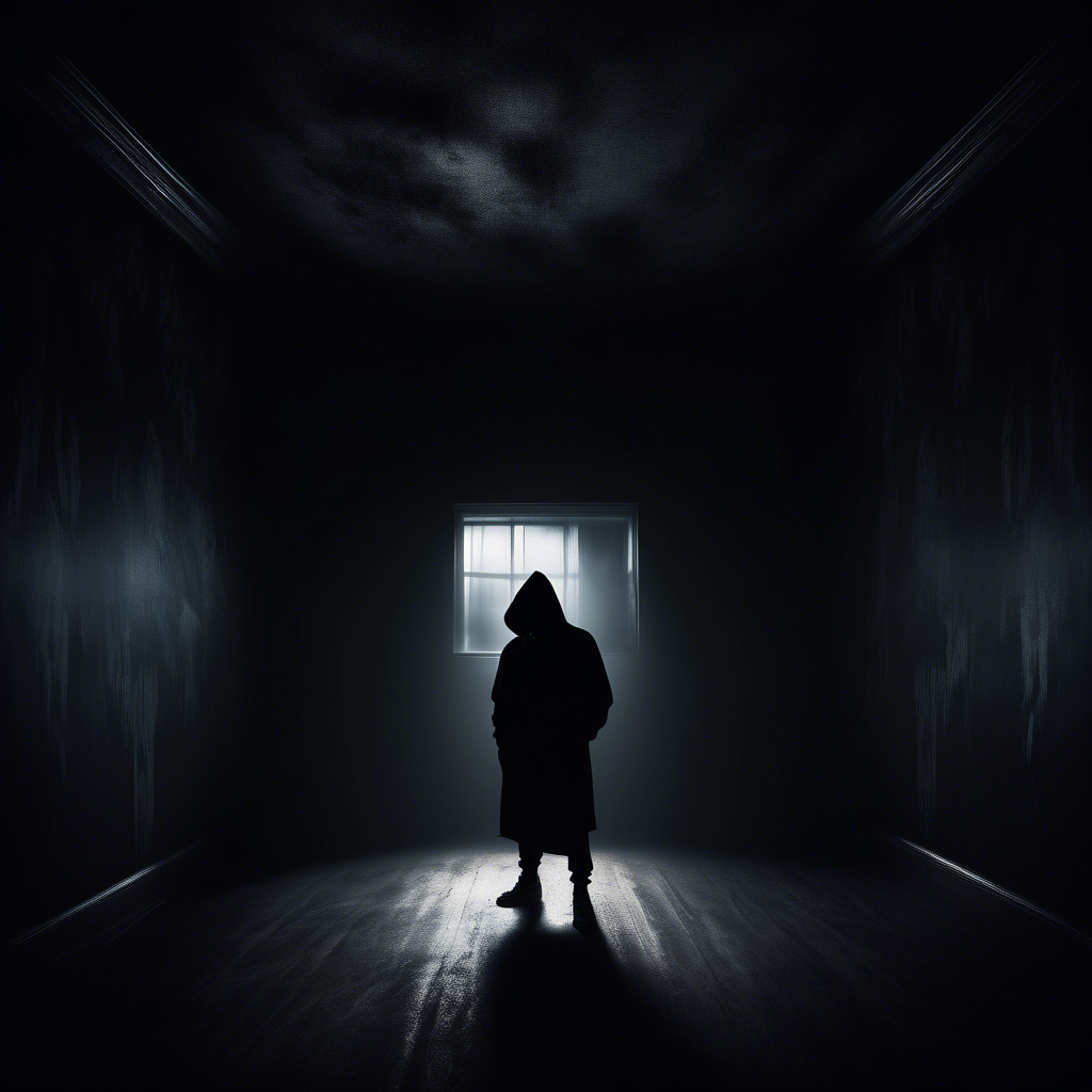 dark moody room with a siluette wearing a black hoodie, stearing with horrifying eyes