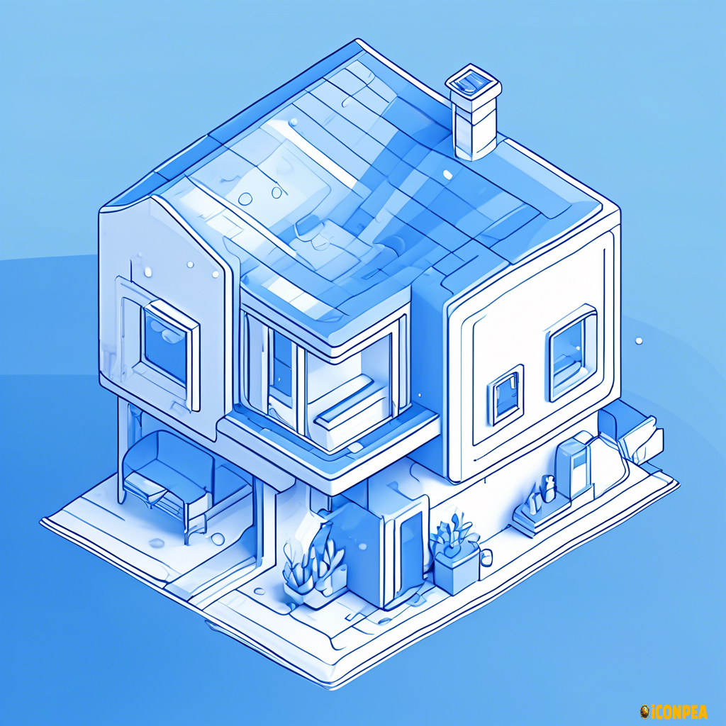 vector art outline of a short home house blue white with a cool tech design lines flat vector art blocky bubbly thick lines