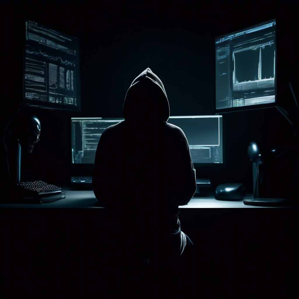 dark moody room with a siluette with a black hoodie, stearing at a computer screen