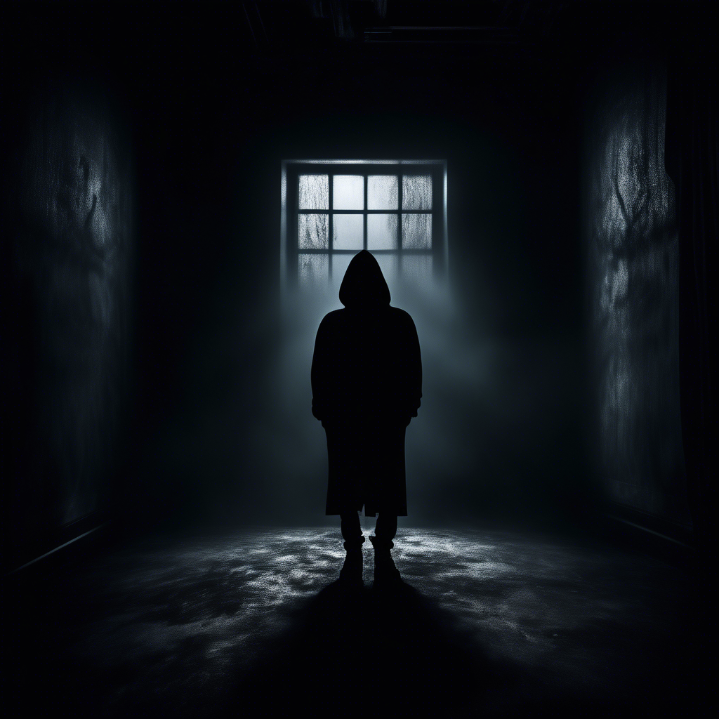 dark moody room with a siluette wearing a black hoodie, stearing with horrifying eyes