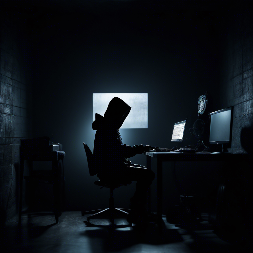 dark moody room with a siluette with a black hoodie, stearing at a computer screen