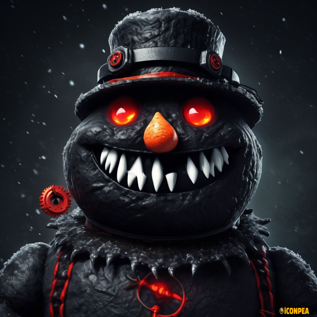 the head of an evil black snowman with red eyes, who has a big gear instead of a hat and a bitten carrot instead of a nose