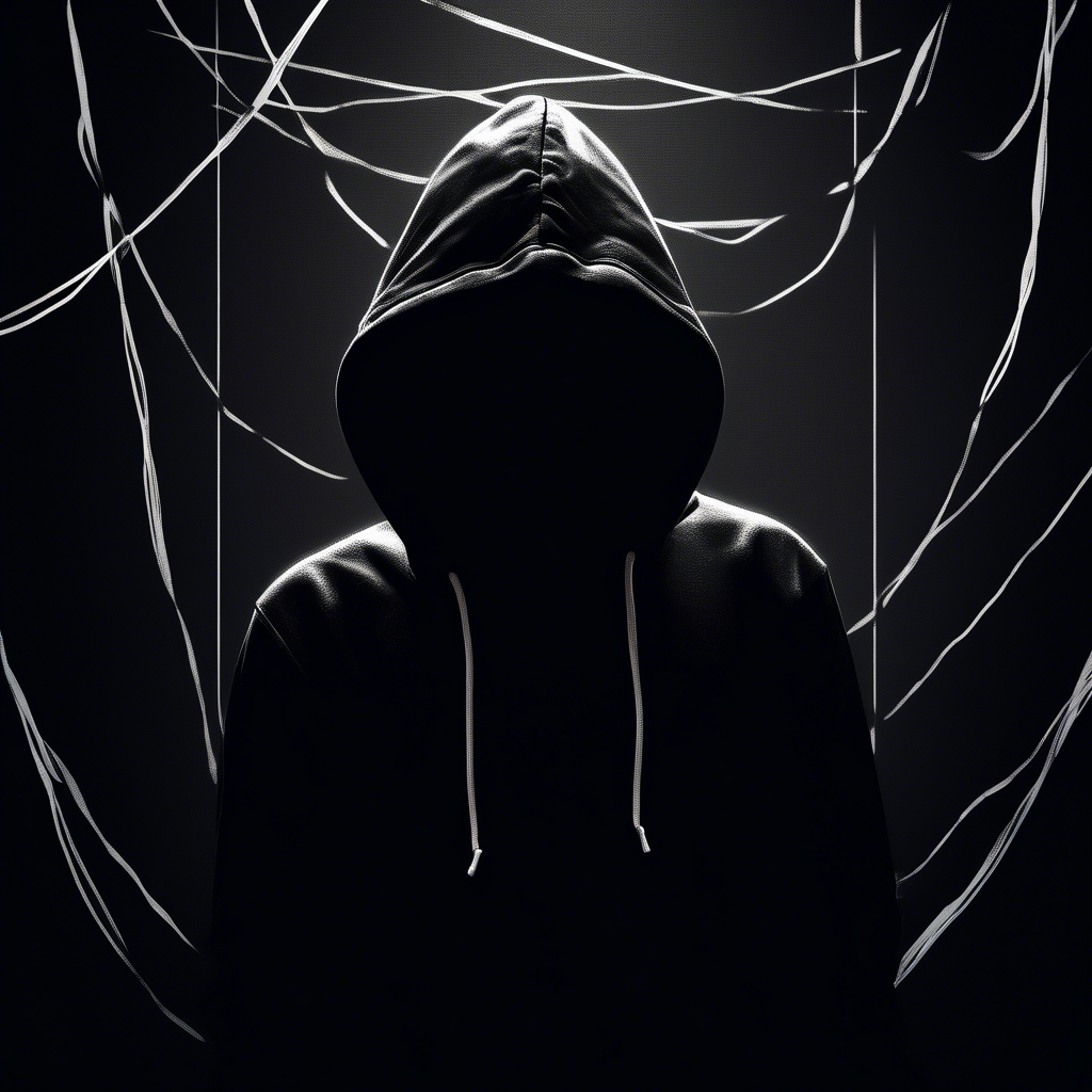 dark moody room with a portrait siluette wearing a black hoodie with white strings, looking up close