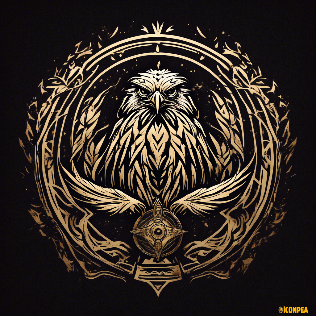 A logo for a tribe, fearsome hawk protecting planet Earth, metallic (noble, grand, sacred, stencil)