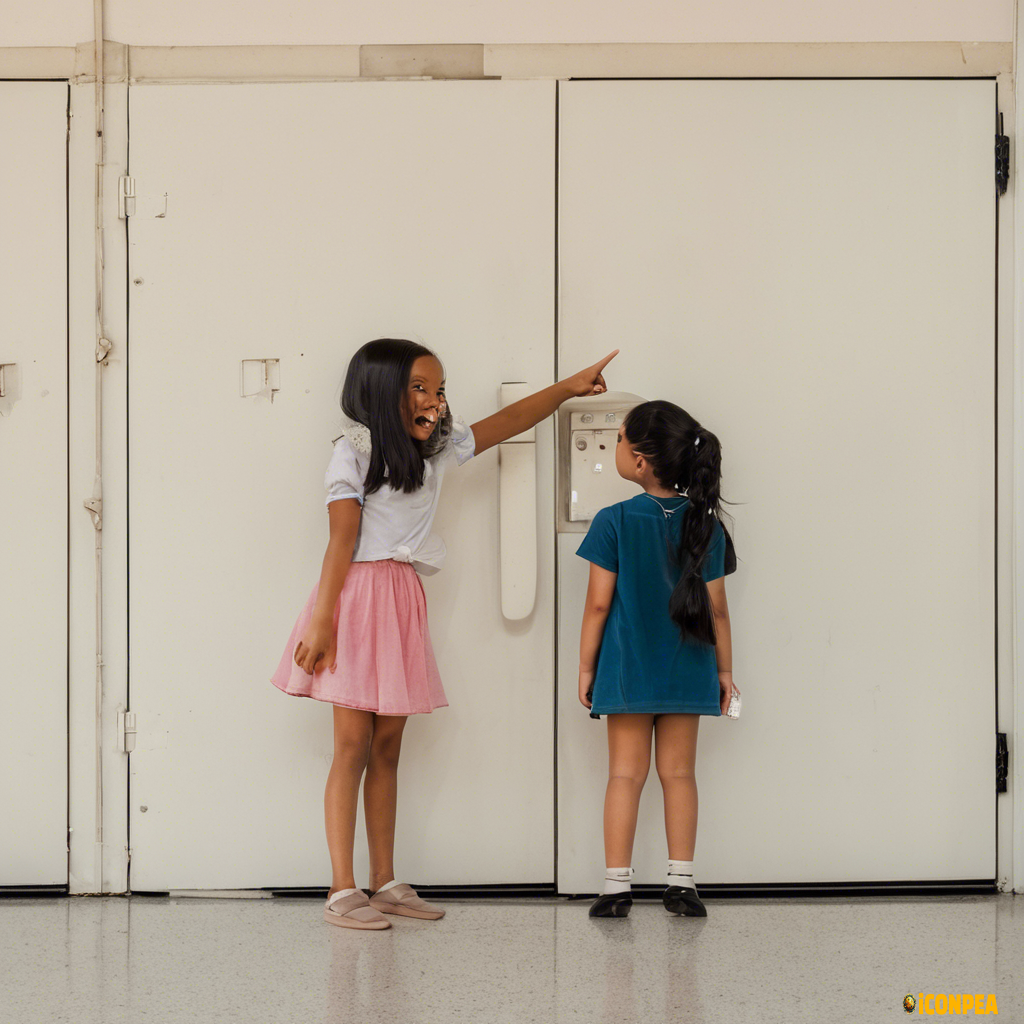 two girls standin beside a door and pointing toward the door